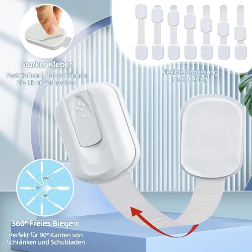 Kindersicherung Schrank 10 Stück, Schranksicherung Baby mit Adhesive ohne Bohren, Türsicherung Kinder Verstellbar Länge, Kinder Sicherheit Schloss für Schubladen, Schranktür, Kühlschrank, schränke