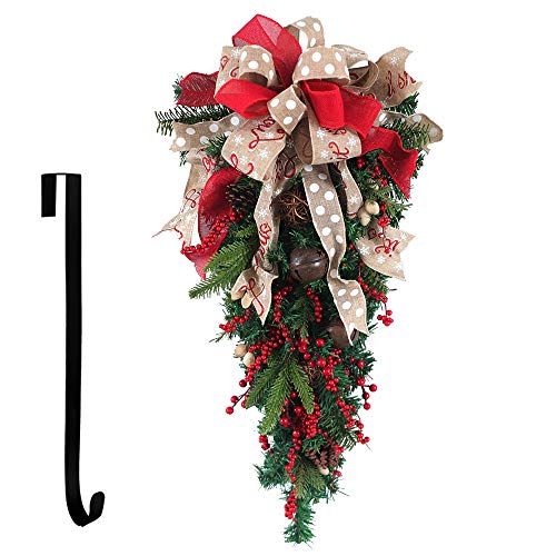 BESTINE Adorno Navideño Swag, 60cm Adorno árbol Navidad Al Revés con Perchas Cinta Campana Bayas Rojas Diseño...