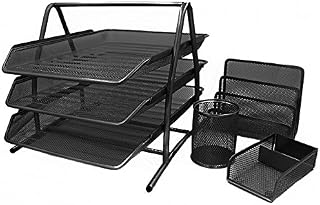 EasyPAG Office Desk Tidy 4 Piece Organiser Set - 3 Tier A4 Filing Tray,Pen Pot,Memo Pad Holder,Letter Sorter Rack,Black
