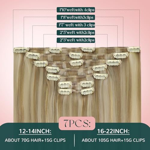Image of Easyouth Clip in Extensions Highlight Real Hair Extensions Clip in Human Hair Dark Ash Blonde Highlights Golden Blonde Clips in Human Hair Extension Add Length and Volume 7Pcs 120G 22 Inch