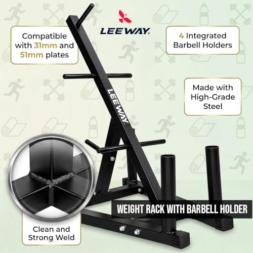 Image of LEEWAY Olympic Weight Plate Rack with Barbell Holders | Heavy Duty Gym Plate Storage Stand | 2-Inch & 1-Inch Plate Tree Stand Organizer for Home Gym | Compact Space Saving Equipment Rack (Weight Plate Rack)