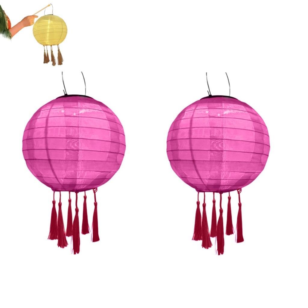 Tefexer 12 Inch Solar Powered Lanterns 2 Pcs LED Garden Decorative Light Round Paper Lanterns with Tassels for Garden Deco, Night Parties, Garden, Family Celebrations