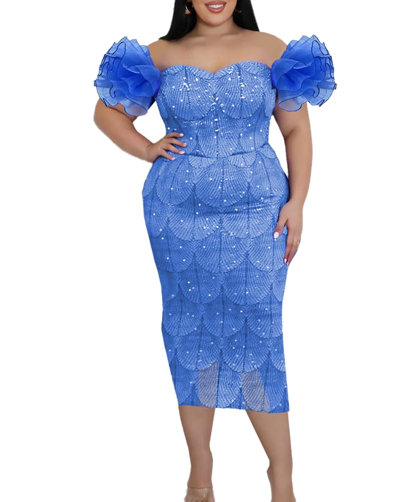 ONTINVA Women's Ruffle Sleeve Off Shoulder Vintage Bodycon Dress Bling Business Formal Work Pencil Dresses Club Night