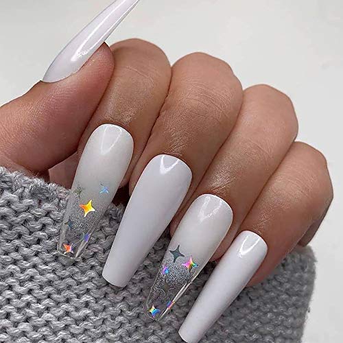 24 Pcs Press on Nails Coffin, Luvehandicraft Long Glossy Fake Nails Coffin, False Nails with Glue for Women and Girls (White Stars)