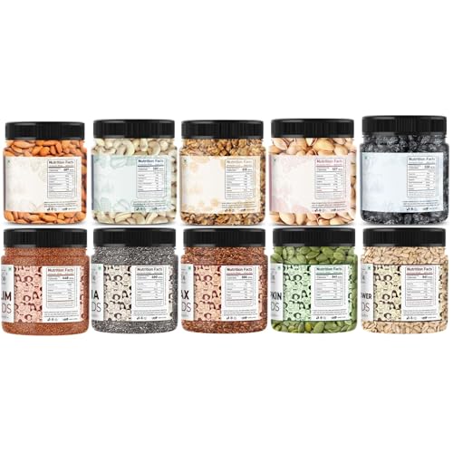 Image of LILA DRY FRUITS Protein & Energy Combo Pack 10 in 1 (100g x 10) Almonds Cashews Walnuts Pistachio Black Raisins with Pumpkin Sunflower Flax Chia Halim Seeds Mix for Healthy Snacking & Daily Nutrition