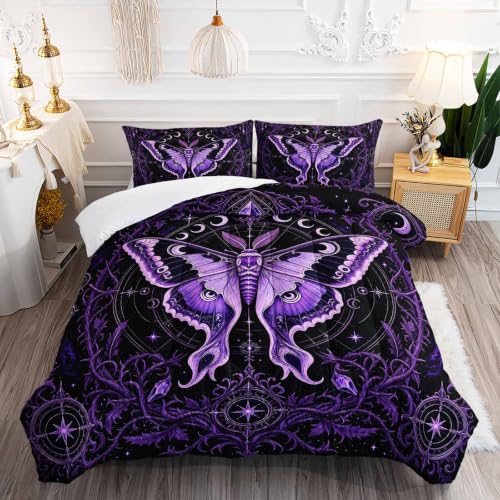 Image of AILONEN Full Comforter Set 3 Piece, Purple Moth Moon Botanical 3D Printed Bedding with 2 Pillowcases, Soft Breathable Microfiber Gothic Decor for Guest Room