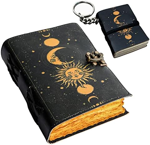 Sun & Moon Journal With leather Keychain- Vintage Leather bound Journal for Women and Men 7x5 Inch Handmade Deckle Edge Vintage Paper-Leather Sketchbook-Witchcraft Supplies- Notebook Diary With Lock- Best Gift Leather Keychain Journal gift set