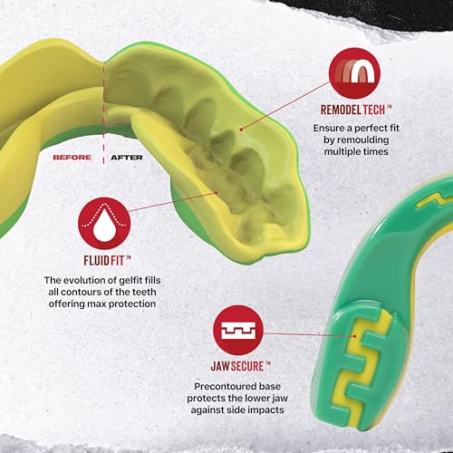 Image of SAFEJAWZ Mouth Guard, Dual Layer Mouthguard for Adults with Case, Easy Fit Remoldable Mouthpiece for Football, Boxing, Lacrosse, MMA, Basketball & All Contact Sports (Adult 12+ Years, Ogre Green)