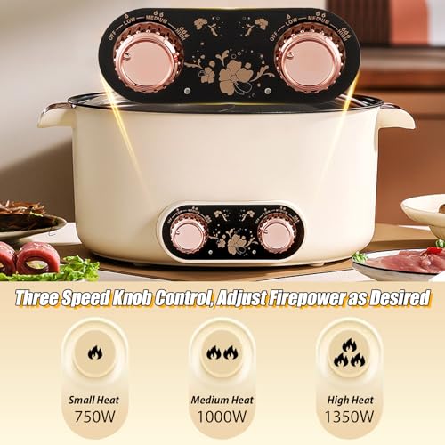 TAZZOR 2 Seiten Hot Pot Elektrisch mit zwei Reglern 5L Elektrischer Kochtopf 1350W Drei Leistungsanpassungen Bratpfanne Antihaft Multifunktionale Schneller Suppentopf für Braten Ramen Fondue Suppe