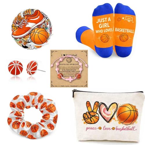 Flotreif Basketball Gifts for Girls with Fun Socks Makeup Bag Bracelet Earrings for Sport Lovers & Players Birthday Team Gifts (basketball gift-6)