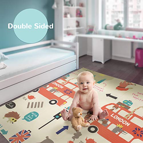 Baby Reversible Play Mat 78.7inchx 59inchx0.4inch Double-Sided Crawling Mat Foldable Waterproof Non-Toxic Portable Non-BPA Floor Mat for Toddlers, Infants, Kids