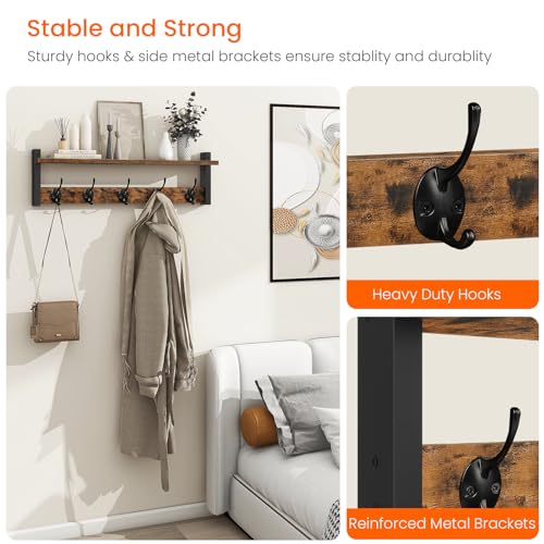 Homode Coat Rack with Wall Mount, 24 Inch Long Entryway Wall Shelf with Hooks, Wood Hanger with Storage Shelf for Bathroom, Hallway, Rustic Brown Black - Image 5