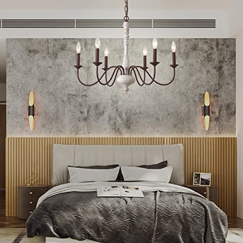 French Country Chandelier, Farmhouse White Distressed Dining Room Lighting Candle Style 6-Light Industrial Iron Pendant Light For Dining Room, Bedroom, Living Room And Bathroom Vintage White Brown #TOP5
