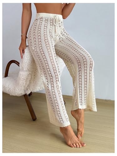 OYOANGLE Women's Hollow Out Crochet Knit Swimsuit Cover Up Pants Drawstring Elastic High Waisted Beach Pants4