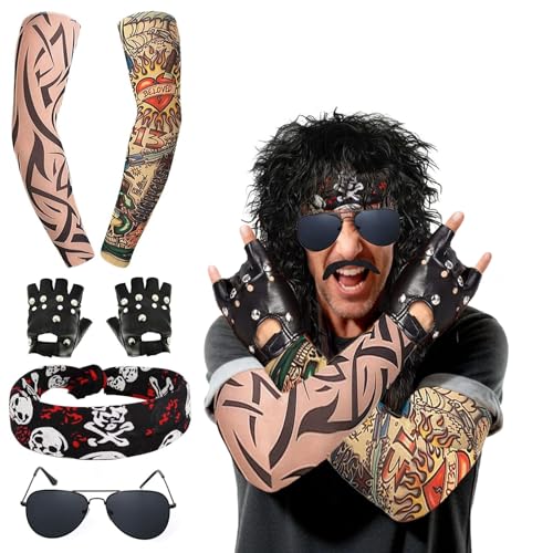 VBNZBK 8 PCS Disfraz de Rockero Hombre con Peluca, Disfraz de Rockero Hombre para Fiesta Disco, para los Años 70, 80, 90, Incluye Peluca, Gafas de Sol, Barba, Mangas, Guantes y Pañuelo, para Carnaval