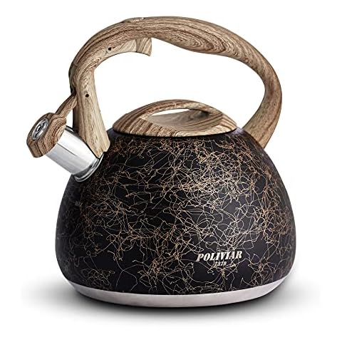 Poliviar modern induction kettle, stainless steel whistling kettle, tea kettle for all hobs, whistling kettle with wood grain handle, kettle for tea & coffee, max. 3 litres, golden black Cover