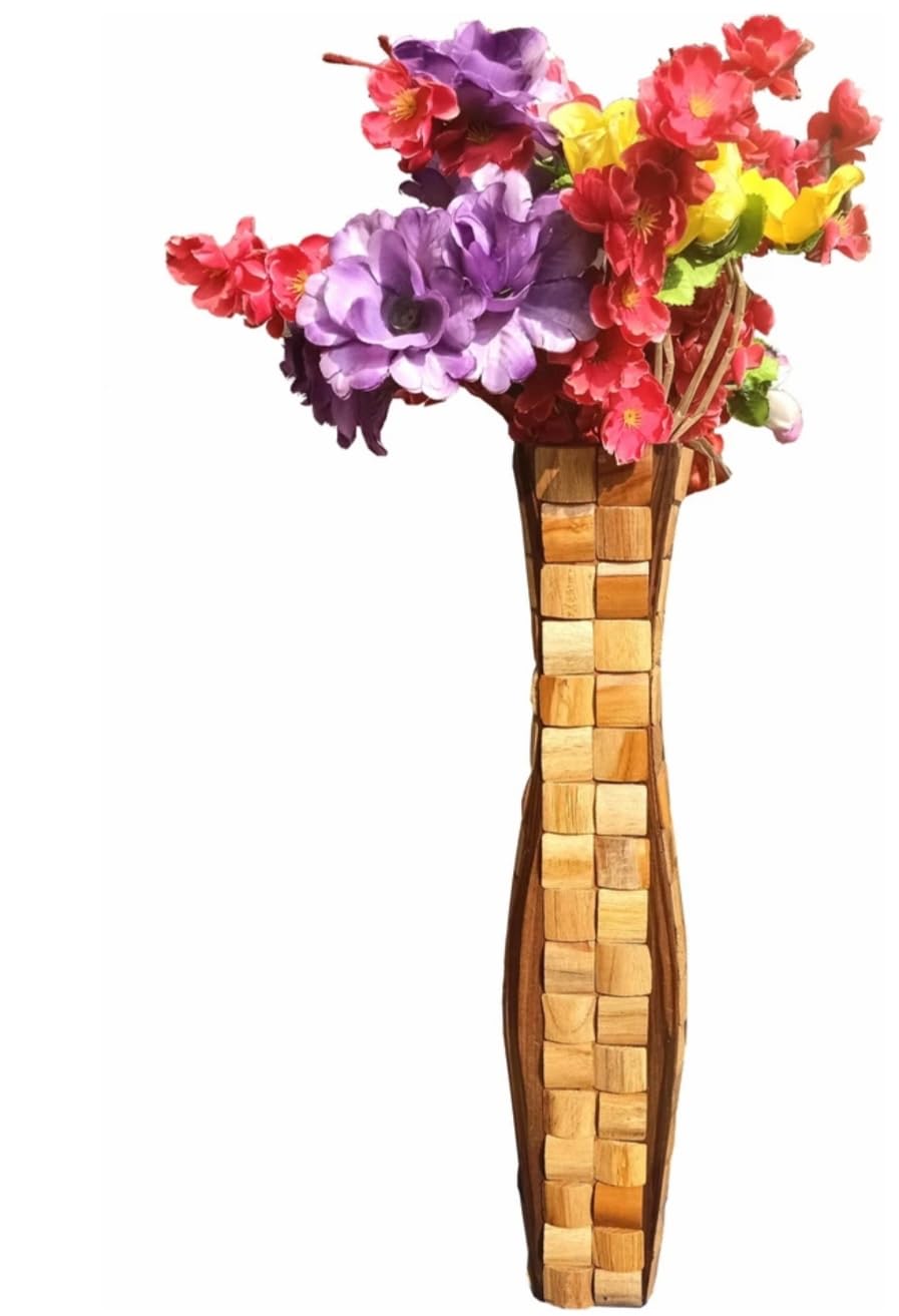 Decorative Wooden Floor Vase – 30 Inch Handcrafted Mosaic-Style Tall Vase for Home Décor – Slim Modern Rustic Accent Vase for Living Room, Hallway, or Entryway – Natural Wood Finish-image-20
