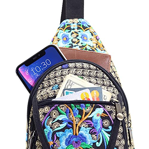 Image of SILKAREA Embroidered Boho Small Sling Bag for Women Travel Chest Bag Crossbody Backpack Purse Shoulder Bag (Blue)