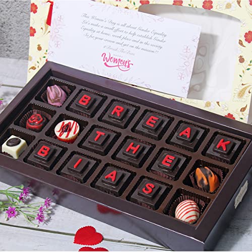 Image of Velevt Fine Chocolates Women's Day Gift Hamper Pack for Ladies, Employees, Mom, Wife, Daughter, Girlfriend | 18 Assorted Dark & Milk Chocolates Gift Pack with Greeting Card