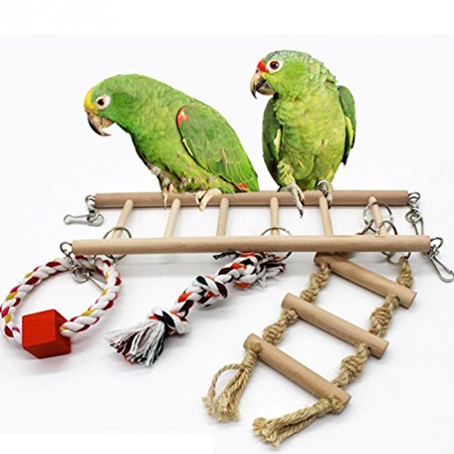 Bird Toys Set Wood Climbing Ladder Bridge Swing 4-Pieces for Parrot Parakeet Cockatiel Conure Cockatoo African Grey Macaw Eclectus Amazon Budgie Lovebird Finch Canary Cage Stand Perch