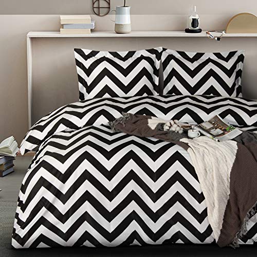 Ntbay 3 Pieces 100% Brushed Microfiber Striped Duvet Cover Set, Super Soft Black And White Printed Reversible Design Zipper Comforter Cover With Ties And Pillow 2 Shams (King, Chevron) #TOP1