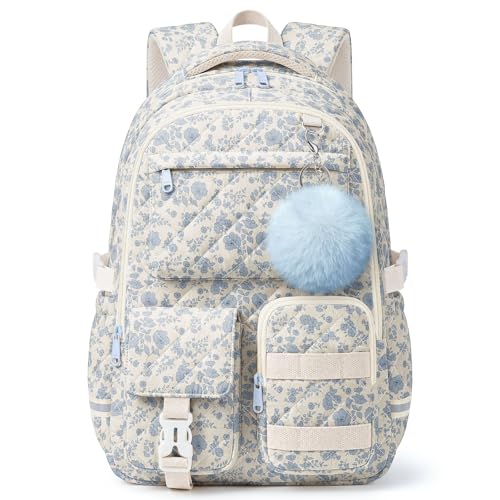 shiprabags Quilted Backpack for Teen Girls Cute Blue Floral School Backpack with Multi-Pocket Design Lightweight Cotton Bookbag Fits 15.6 Laptop Large Capacity Aesthetic Backpack with Plush Charm