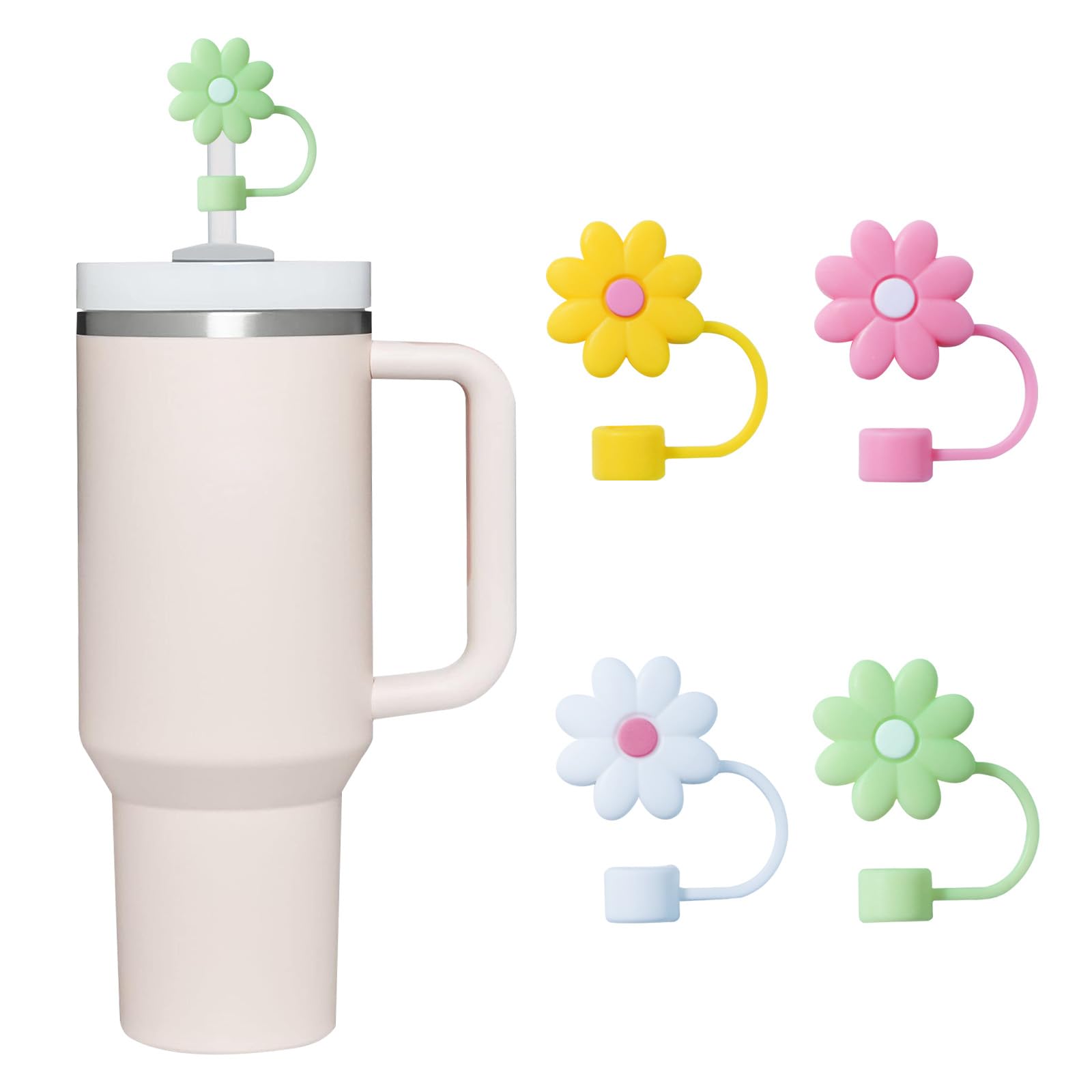 Straw Cover Cap for Stanley Cup,Silicone Straw Topper Compatible with 30&40 Oz Tumbler with Handle,10mm 0.4in Dust-Proof Reusable Straw Tips Lids (4Pcs colorful flower))