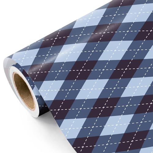 WRAPAHOLIC Blue Fathers Day Wrapping Paper Roll - Mini Roll - 17 Inch x 16.5 Feet - Classic Blue Argyle Plaid Wrapping Paper for Men Dad Husband Fathers Day Birthday Graduation