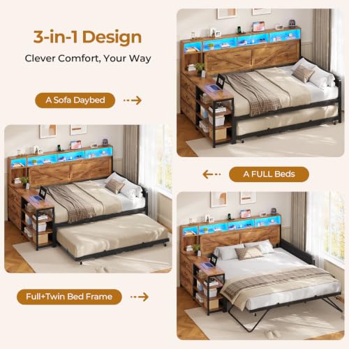 Image of MSmask Daybed with Trundle & 3 Storage Drawers, Full Size DayBed Frame with Headboard & Charging Station, Farmhouse Wooden Bed Frame with LED for Bedroom and Guest Room, Rustic Brown