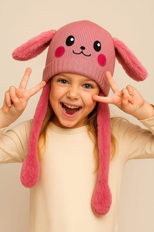 Krystle Adorable Moving Ears Hat β Soft Plush Cartoon Animal Cap for Kids & Adults, Warm Winter Bunny Earflap Beanie (Pink,5-12 Years) 1