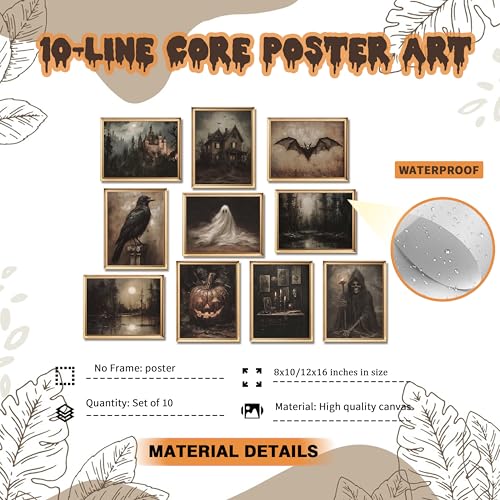 Creepy Halloween Wall Art Posters Prints Set of 10 – Unframed Vintage Witchy Gothic Canvas Picture, Dark Aesthetic Halloween Ghost Wall Decor for Living Room Bedroom Gallery 8x10 inch
