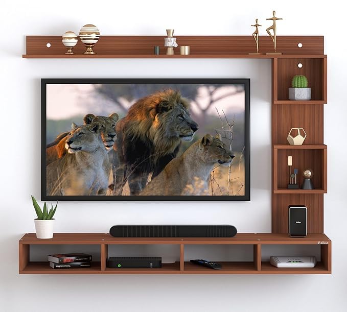 Image of Anikaa Kirina Engineered Wood Wall Mount TV Unit with LED Lights TV Cabinet TV Entertainment Unit Set Top Box Stand (Walnut) (Ideal for 43 Inch)(D.I.Y)
