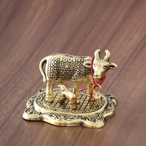 Image of KridayKraft Kamdhenu Cow with Calf Metal Rajasthani Handicrafts Decorative Showpiece for Gifting Anniversary Valentine's Day (Golden)