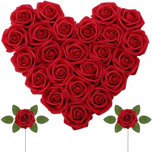 Lifewit Künstliche Blumen, 25 Stück Schaumrosen mit Stielen, Realistische Rosen für DIY Hochzeitssträuße, Tischdeko, Centerpieces, Valentinstag Dekorationen, Burgundy