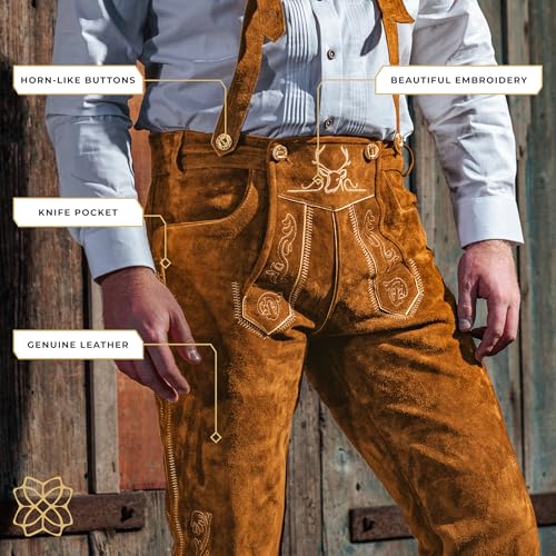 BAVARIA TRACHTEN Lederhosen Men - Genuine Leather Authentic German Lederhosen for Men, Oktoberfest Outfit - Light Brown Knee4
