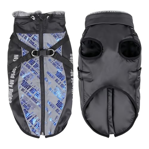 GIIPET 犬 服 冬 超大型犬用 5XL ハーネス一体型 防寒ジャケット ドーベルマン ピットブルに 防水 コート 犬の服 反射材付き ドッグウェア サイズ調整可能 (シャイニーブルー, 5XL)