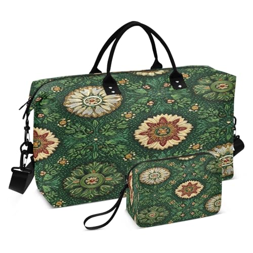 Weekender Bags Travel Duffel Gym Bag Cute Bear Seamless Pattern Carry on Overnight Tote Bag with Toiletry Bag for Airplane Travel Trip Gym Yoga (Retro Style Green Elements Pattern)