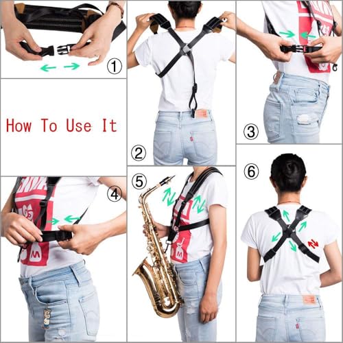 rayzm saxophone strap universal double shoulder leather strap for sax adjustable padded harness strap for alto tenor baritone saxophone large size