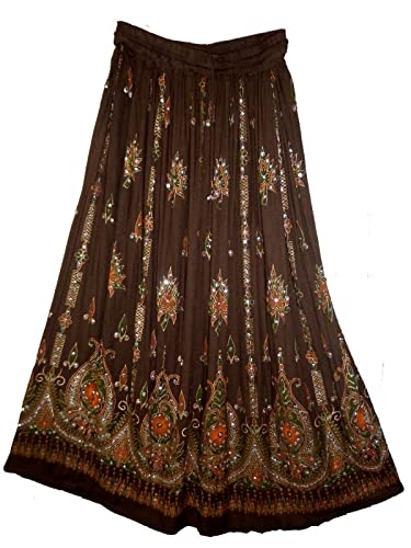 Radhy krishna fashions Multi tie dye Yoga Trendz Women's Sequined Crinkle Broomstick Gypsy Long Skirt (Brown)