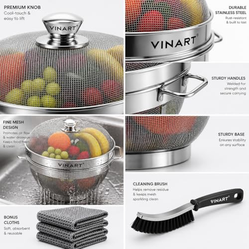 Image of VINART Stainless Steel Fruit Basket with Lid | Fruit & Vegetable Storage Basket for Kitchen & Dining Table (Small + Large)