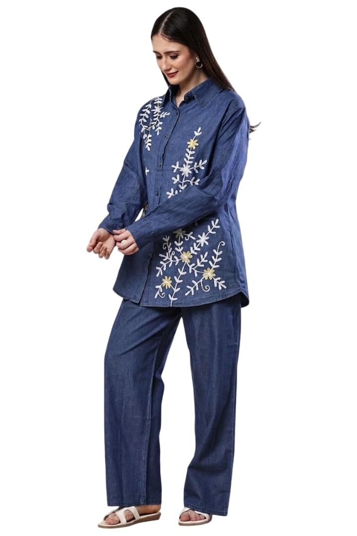 Women's 2-Piece Denim Co-Ord Set | Embroidered Button-Down Long Sleeve Shirt and Wide-Leg Pants Set | Casual Denim Lounge & Streetwear-picture-21