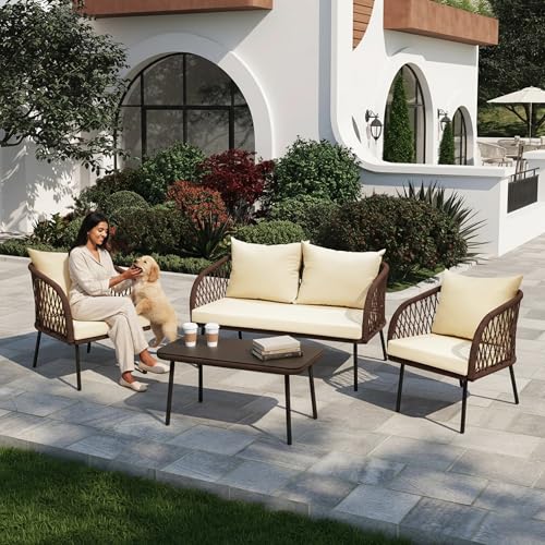 Image of DEVOKO Verde Outdoor Rope 4-Seater Sofa Set with Glass Top Table & Water-Repellent Cushions, Durable Metal Frame, Handwoven Furniture Perfect for Garden, Patio, Pool Deck & Balcony(Brown & Cream)