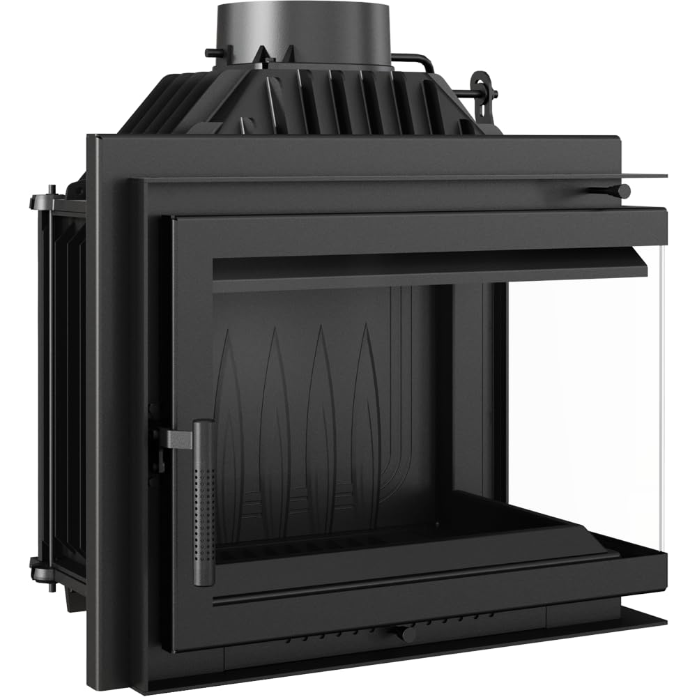 KRATKI Camino in ghisa, stufa ad angolo, 8 kW, Ø 200 cm, porta a chiusura automatica, sistema Clean Glass, vetro del focolare, presa d'aria