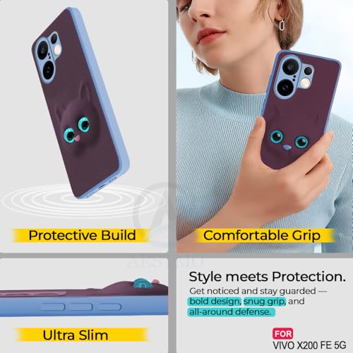 Image of AESTMO Back Case Cover for Vivo X200 FE 5GBack Cover | 3D Cat Cover | Leather Finish | Full Body Protection | Camera Protection Back Cover for Vivo X200 FE 5G (Purple)