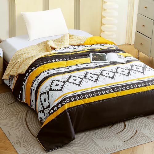 Image of Ac Comforter Single Bed Boho with Satin Finish 240 GSM - Reversible AC Comforter -Black & Yellow, Aztec Comforter Quilt Duvet Dohar Blanket for Mild Summer 150 X 225 cm