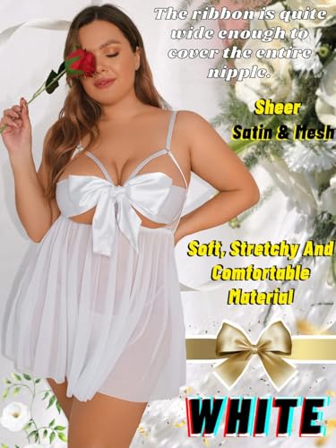 Image of SSoShHub Women Babydoll Lingerie Plus Size Net Chemise Front Ribbon Halter Nightwear Teddy Nightgown Babydoll Lingerie Female Wedding Nightgown bodybikini