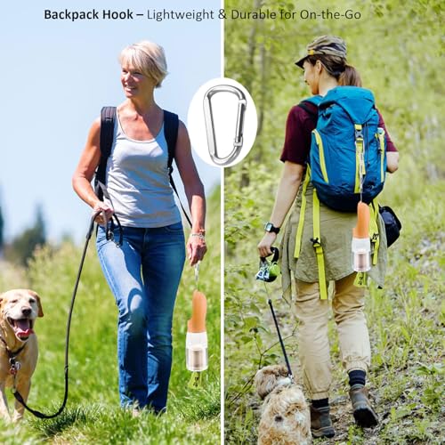 Image of 20oz Dog Water Bottle with Food Container & Poop Bag Dispenser | Leak-Proof Portable Pet Water Dispenser with Carabiner Clip | for Walking, Hiking, Travel (Peach, 20oz)