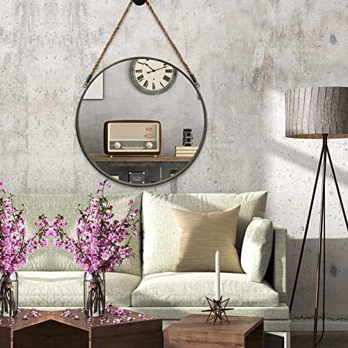 POZINO Round Hanging Mirror, Circle Wall Mirror with Rope, 20 Inch Farmhouse Mirrors for Bathroom Bedroom Living Room Entryway Home Decor, Grey - Image 6