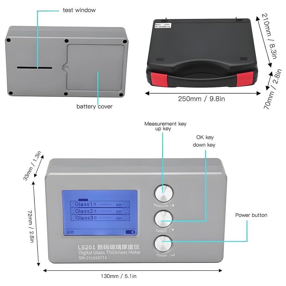 Medidor de Espesor de Vidrio Aislante y Laminado,Pantalla Digital LCD HD,Precisión ±0.1mm,Mide hasta 70mm de Vidrio y 45mm de Capa de Aire,Diseño Portátil con Caja de Almacenamiento