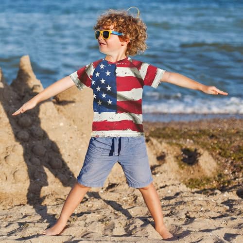 Independence Day USA Flag Girls Bathing Suit Short Sleeves Beach Tops Swimwear Beach Tops 3T4